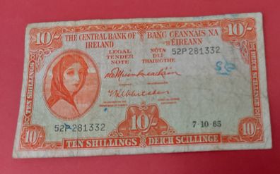 Irish 1965 Lavery ten shilling banknote in used condition