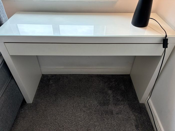 ikea desk , mirror and lamp