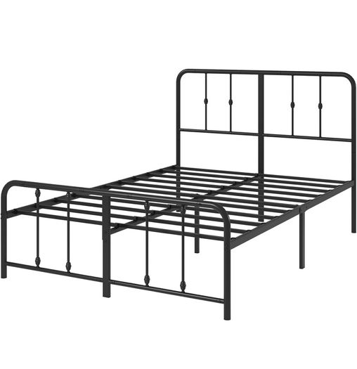 Double Bed Frame with Headboard - 4ft6 (135 x 190 cm) - 14'' Height - Metal Bed Base with Footboard - Steel Slat Support - Easy Assembly - Black