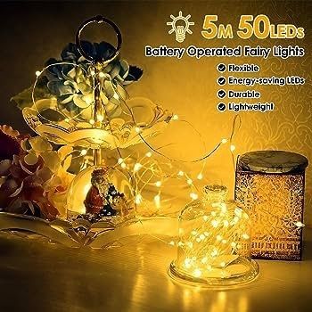 5M 16ft 50 LED Battery Operated Copper Wire Fairy String Lights, Waterproof Outdoor/Indoor Lights for Bedroom, Christmas, Parties, Wedding, Centerpiece
