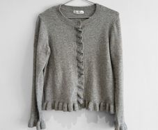 Pre Owned Gallery Grey Ruffle Trim Button-Down Cardigan