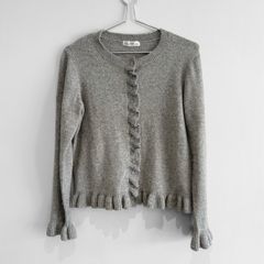 Pre Owned Gallery Grey Ruffle Trim Button-Down Cardigan