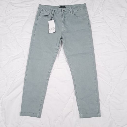 Zara Muted Green Blue Raw Frayed Hem Slim Fit Cropped Jeans 14UK/42EU