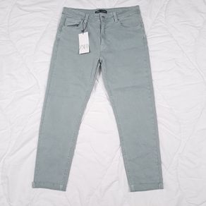 Zara Muted Green Blue Raw Frayed Hem Slim Fit Cropped Jeans 14UK/42EU