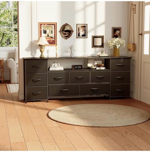 Tv Cabinet, Dresser for Bedroom with 11 Fabric Drawers, TV Stand with Power Socket for TVs up to 70 inchTV Units for Living Room, Bedroom, Black