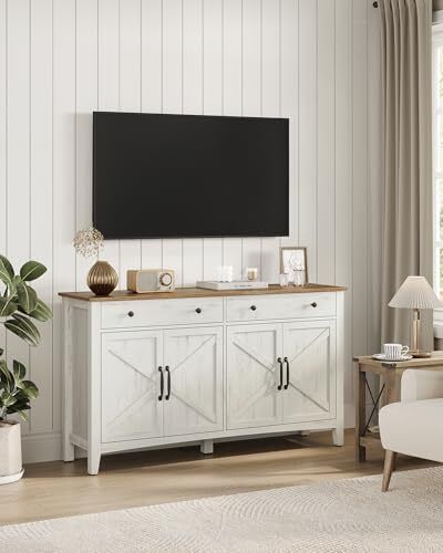 Kitchen Cabinet, Sideboard with Drawers, Storage Cabinet with Doors, Adjustable Shelf, Country House Style, for Living Room, Kitchen, Dining Room, 40 x 140 x 80 cm, Vintage White/Honey Brown