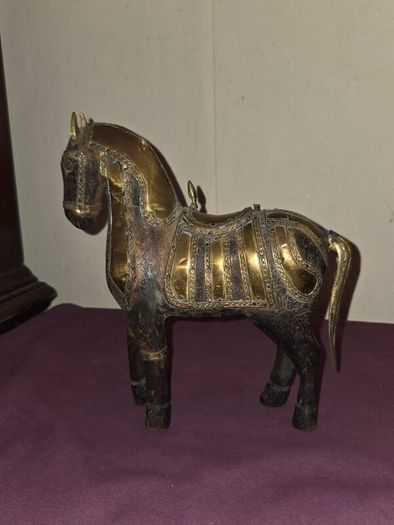 Vintage Hand Carved Wood and Brass Armor Horse Statue