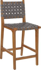 Woven Counter Stool Kitchen Counter Height Barstool Backrest Wooden Weave Stool, Dark Grey Faux Leather