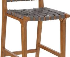 Woven Counter Stool Kitchen Counter Height Barstool Backrest Wooden Weave Stool, Dark Grey Faux Leather