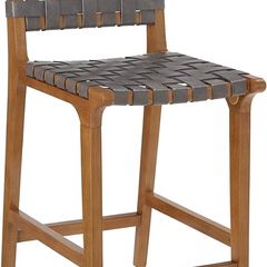 Woven Counter Stool Kitchen Counter Height Barstool Backrest Wooden Weave Stool, Dark Grey Faux Leather