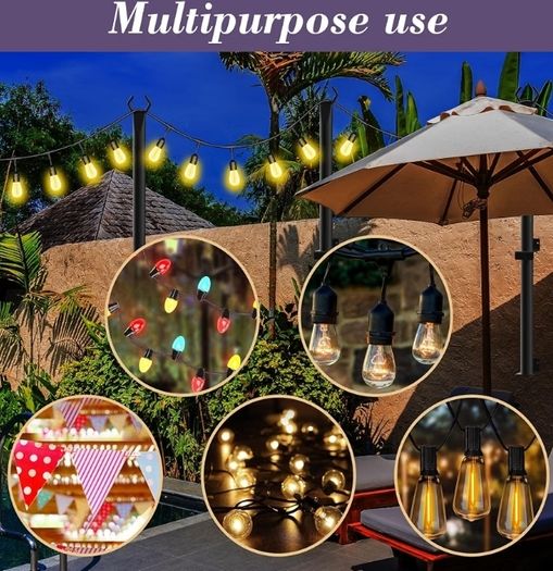 4 Pack String Lights Poles 60 Inch Lamp Pole, Light Bars for Outdoor Fairy Lights, Outdoor Light Poles with Mounting Clips and Hanging Base for Patio, Garden, Backyard, Deck, Fence