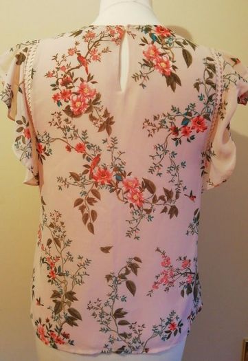 FREE POST New Look Pink Floral Top Blouse With Birds UK 8 EU 36 Excellent Condition
