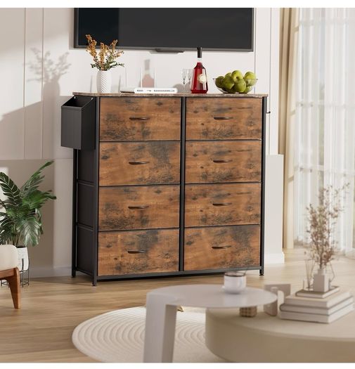 Fabric Chest of Drawers - Canvas Storage Unit with 8 Large Drawers Label Cards, Side Pocket & Hook for Living Room, Hallway, Bedroom