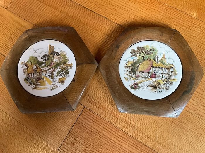Vintage Plaques .Tikes in Oak Hexagon Shaped Frames