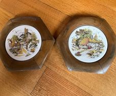 Vintage Plaques .Tikes in Oak Hexagon Shaped Frames