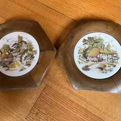 Vintage Plaques .Tikes in Oak Hexagon Shaped Frames