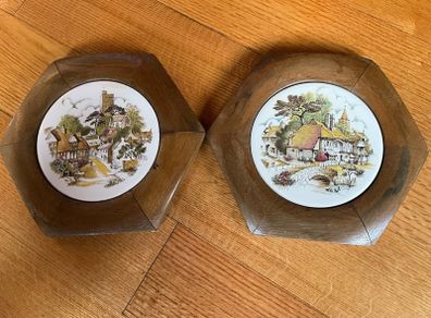 Vintage Plaques .Tikes in Oak Hexagon Shaped Frames