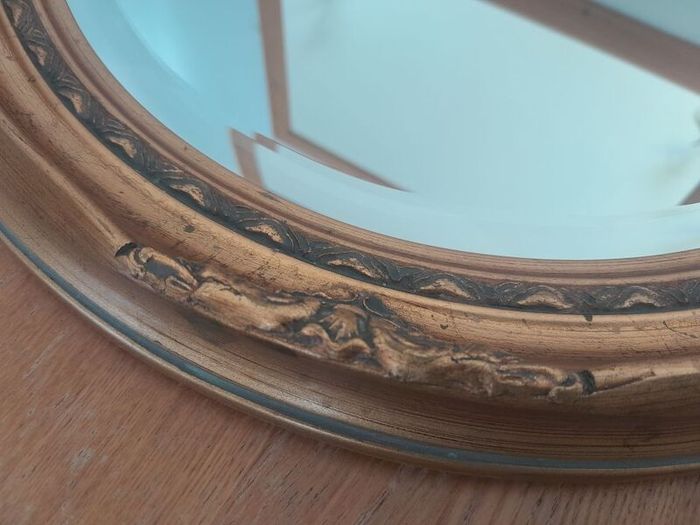 Vintage Ornate Gold Gilt Wood Oval Mirror. Bevelled Glass. 50cm x 60cm
