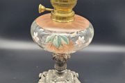 Antique Victorian Oil Lamp cast iron base 19th century hand painted glass