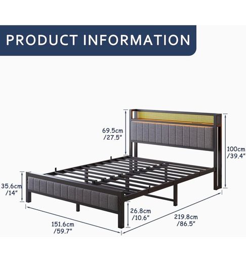 King Size Bed Frame with Upholstered Headboard, Wooden Storage Headboard Shelf, 5ft Upholstered Bed Frame Kingsize with Charging Station/USB Ports and LED Lights (Gray King Bed)