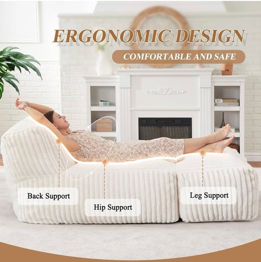 Adult Bean Bag Chairs with Memory Foam Lazy Sofa for Living Room White,Large,Soft Fabric,Ergonomic Back Support,Lightweight,Easy Clean,No Assembly,Wear-resisting,,Well-looking