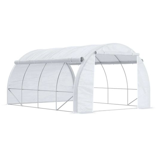 4 x 3 x 2 m Polytunnel Greenhouse w/ Roll-up Side Walls, Steel Frame Walk-in Grow House Tent w/ Zippered Door and 8 Windows and Reinforced Cover for Garden and Backyard, White
