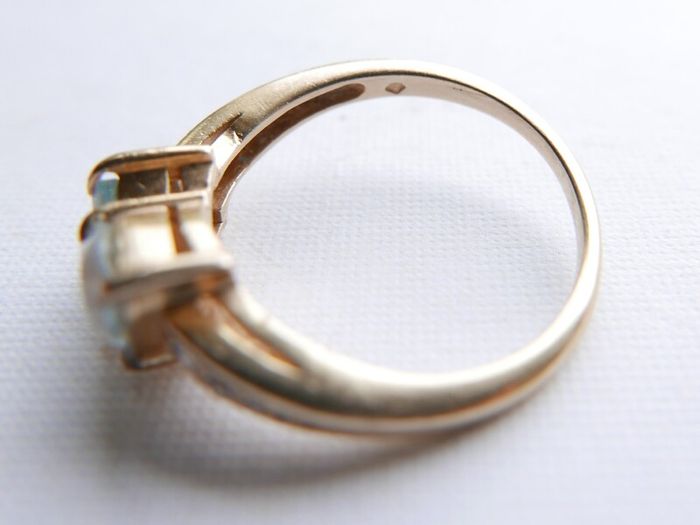 Vintage Solid 14k Gold Aquamarines And Diamonds Ring Size O - 3,35g