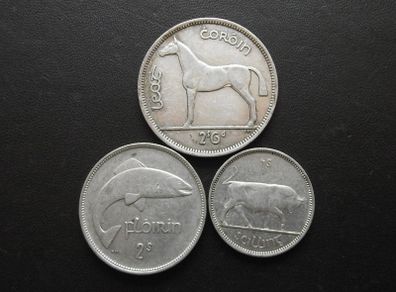 1941 Irish Republic. Set of 3 Silver Coins: Half Crown&Florin&Shilling