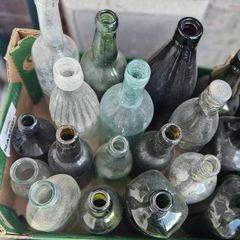 Box of Vintage Bottles and Schweppes Soda Syphon