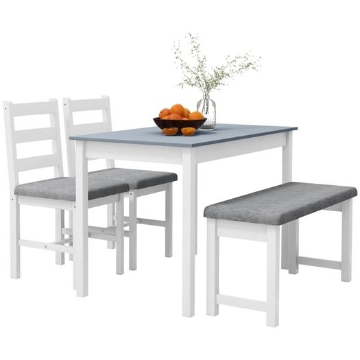 Dining Set, 4-Piece Dining Table Set, 1 Table, 1 Bench, 2 Chairs, Gray + White
