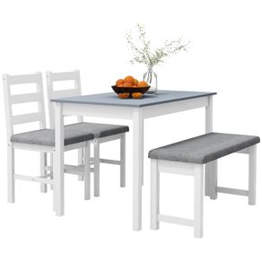 Dining Set, 4-Piece Dining Table Set, 1 Table, 1 Bench, 2 Chairs, Gray + White