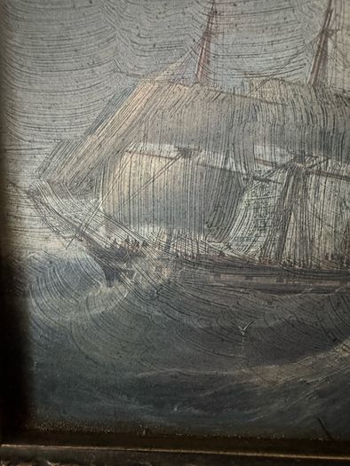 Framed Vintage Maritime Nautical Painting Print - Ships in Rough Seas (34 x 29 cm)