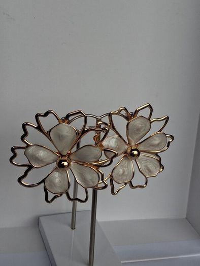 Gold & Cream Sakura Blossom Floral Statement Earrings