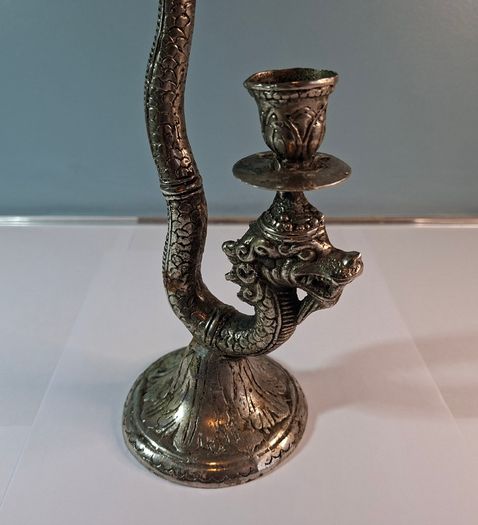 Antique White Metal Dragon Candlestick
