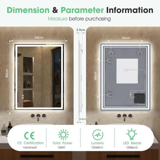 LED Bathroom Mirror with Lighting  800  x  600mm Anti-Fog Dimmable Smart Mirror