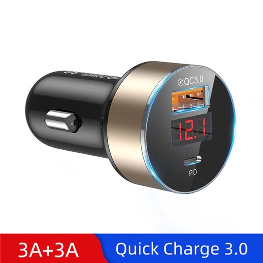 USLION 36W PD/QC3.0 Car Dual USB (Type-C & Type-A) Phone Quick Charger with Digital Display (Brand New/Warranty)