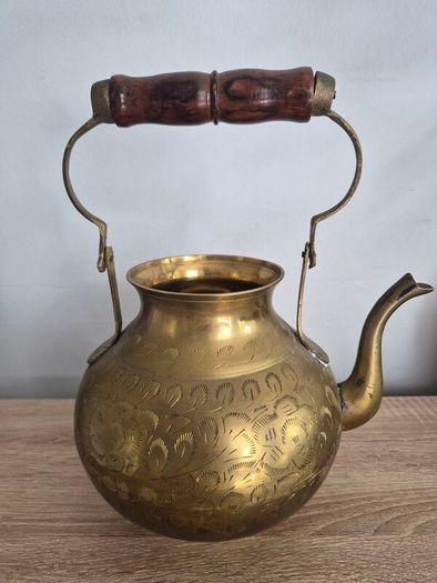 Vintage Etched Brass Teapot with Wooden Handle, Decorative Gold Teapot