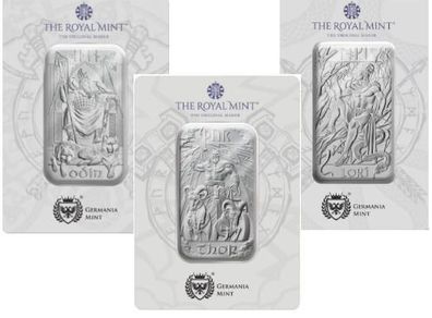 Set of Three UK Silver (.9999) 1oz Bars - Odin, Thor, Loki - Gods of Norse Mythology