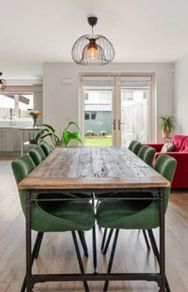 Solid Oak Table + 6 green fabric EZ living chairs