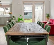 Solid Oak Table + 6 green fabric EZ living chairs
