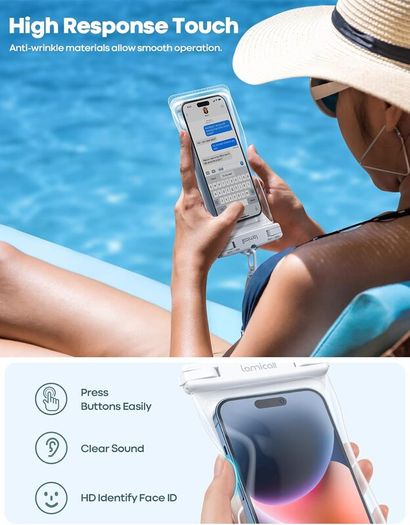Lamicall Floating Waterproof Phone Pouch - [3D Seamless Body] IPX8 Waterproof Phone Case for Swimming Underwater Dry Bag with Lanyard for iPhone 17 16 15 14 13 12 Series, Samsung S23 [2 Pack] - White