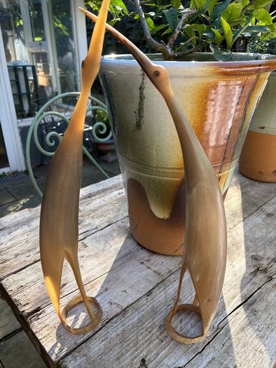 MID CENTURYPAIR OF CRANES hand carved Buffalo / cow horn