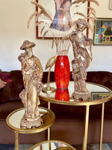 Vintage Oriental Resin Sculptured Figures Traditional Attire 1970s