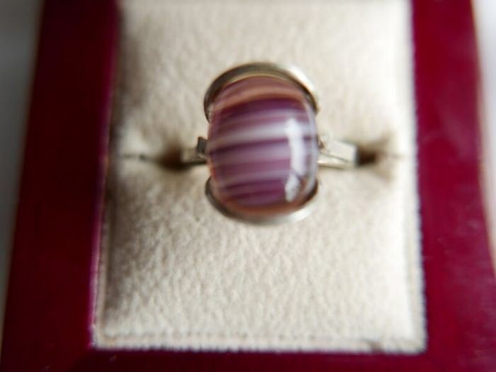Vintage Sterling Silver 925 Purple Striped Agate Ring size P - 2,82g