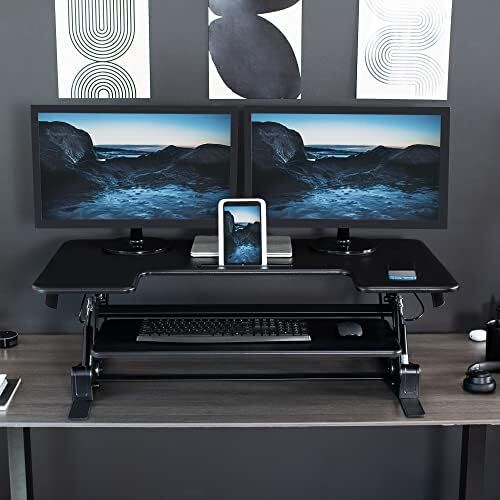 107cm Height Adjustable Stand Up Desk Converter, V Series, Quick Sit to Stand Tabletop Dual Monitor Riser Workstation, Black
