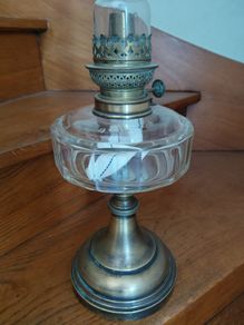 Antique French clear glass brass base large oil lamp works