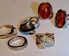 6 sterling silver rings with Opal and Amber