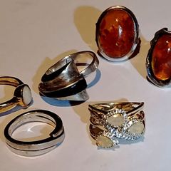 6 sterling silver rings with Opal and Amber
