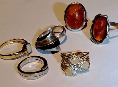 6 sterling silver rings with Opal and Amber