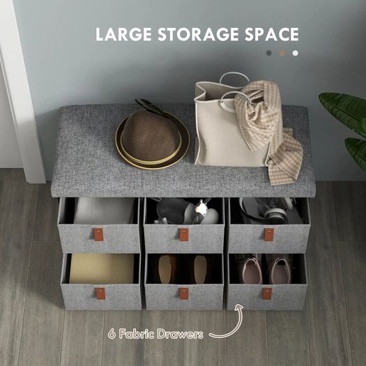 Shoe Storage Bench with Cushion and 6 Fabric Drawers for Entryway